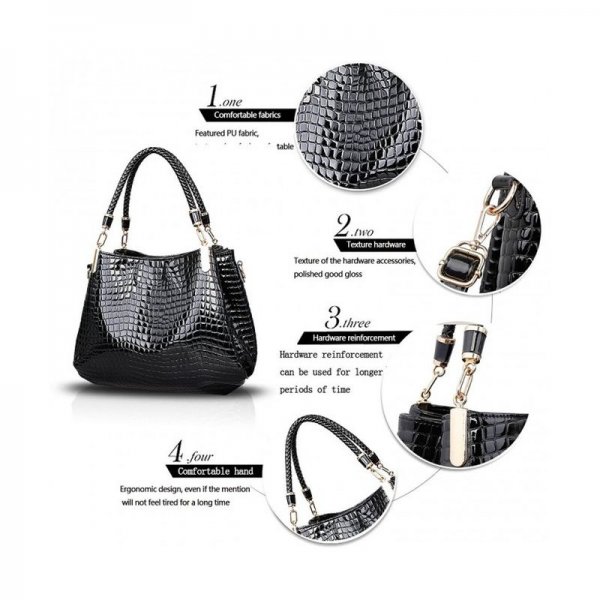 NEW CROCODILES PATTERN WOMEN HANDBAGS FASHION SHOULDER MESSENGER BAG TWO PIECES SETHANDBAG + WALLET - BLACK