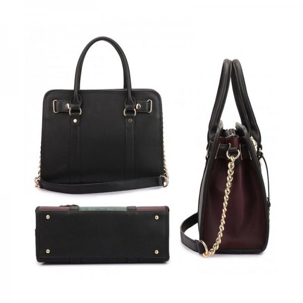 MEDIUM SATCHEL HANDBAG DESIGNER LARGE PURSE TWO TONE PADLOCK W/ SHOULDER STRAP - 7103-BLACK/TAN