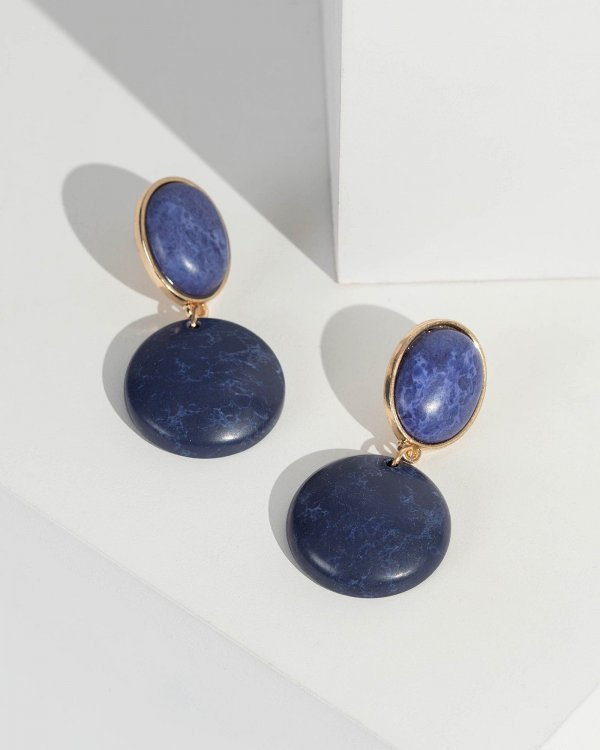 Navy Blue Resin Disc Drop Earrings