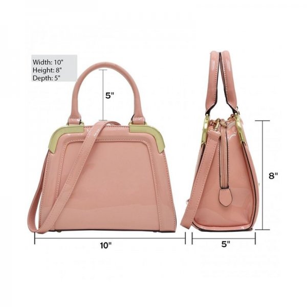 SMALL PATENT LEATHER SATCHEL MINI CORNER GOLD TONE HANDBAGS WOMENS SHOULDER BAGS - PINK