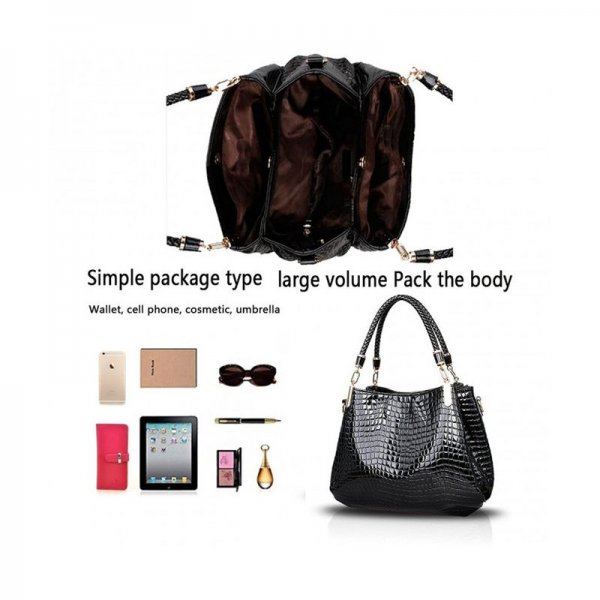 NEW CROCODILES PATTERN WOMEN HANDBAGS FASHION SHOULDER MESSENGER BAG TWO PIECES SETHANDBAG + WALLET - BLACK