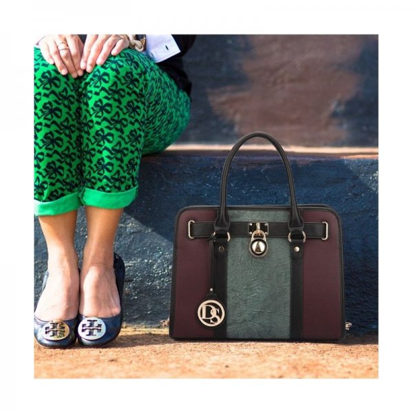 MEDIUM SATCHEL HANDBAG DESIGNER LARGE PURSE TWO TONE PADLOCK W/ SHOULDER STRAP - 7103-BLACK/TAN