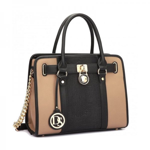 MEDIUM SATCHEL HANDBAG DESIGNER LARGE PURSE TWO TONE PADLOCK W/ SHOULDER STRAP - 7103-BLACK/TAN