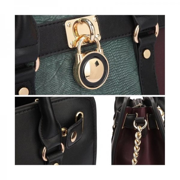 MEDIUM SATCHEL HANDBAG DESIGNER LARGE PURSE TWO TONE PADLOCK W/ SHOULDER STRAP - 7103-BLACK/TAN