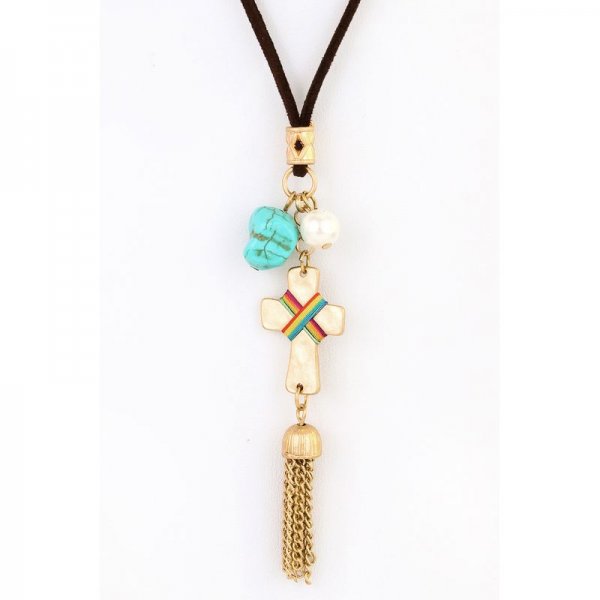 Semi Precious Stone Tassel Cross Necklace Set
