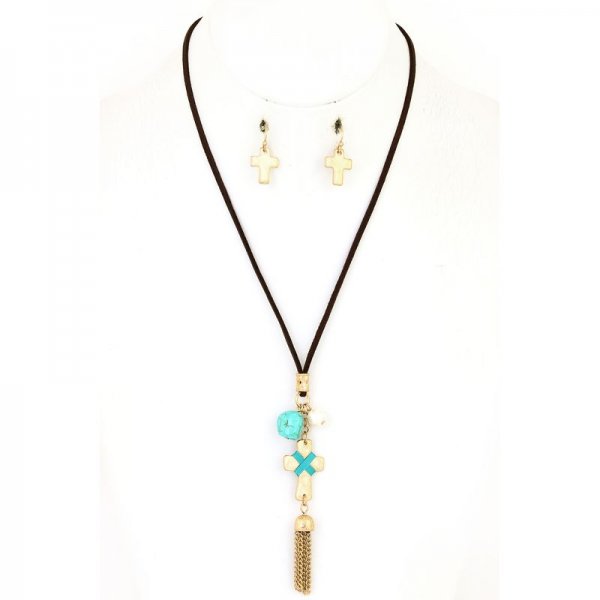 Semi Precious Stone Tassel Cross Necklace Set