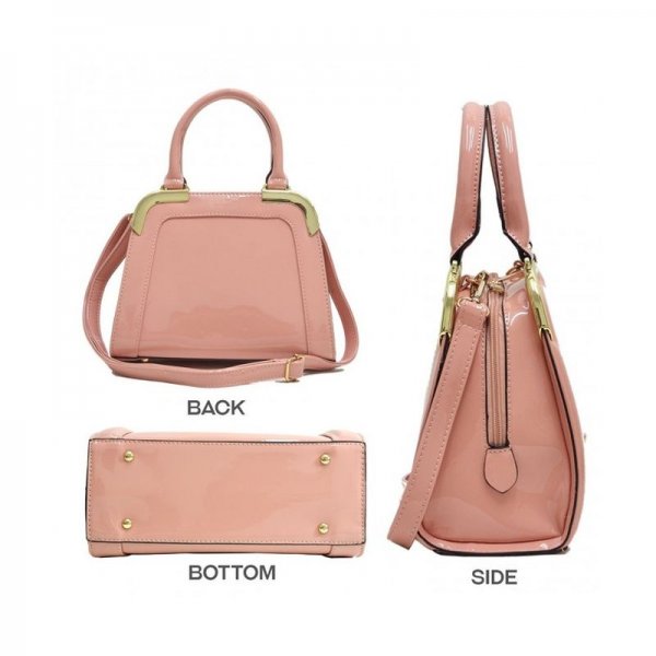 SMALL PATENT LEATHER SATCHEL MINI CORNER GOLD TONE HANDBAGS WOMENS SHOULDER BAGS - PINK