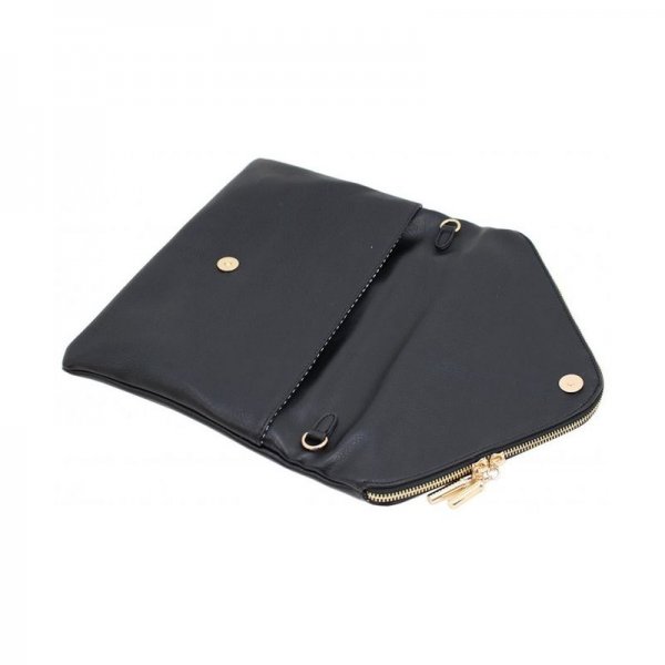 FAUX LEATHER SOFT ENVELOPE SHAPE CLUTCH CROSSBODY BAG POUCH - BLACK