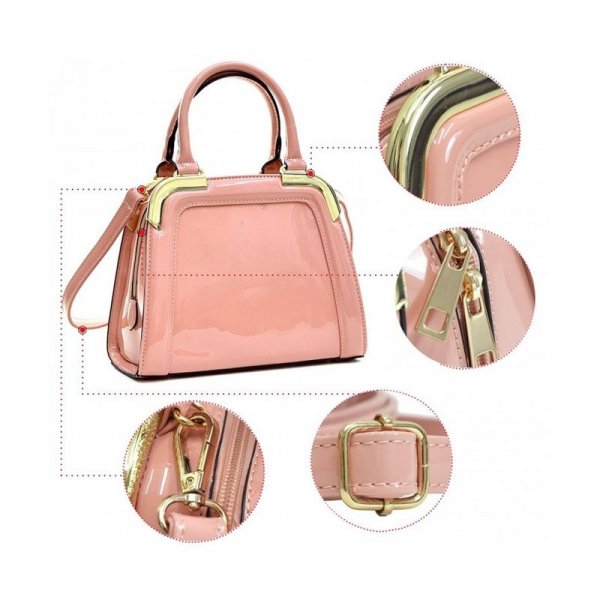 SMALL PATENT LEATHER SATCHEL MINI CORNER GOLD TONE HANDBAGS WOMENS SHOULDER BAGS - PINK