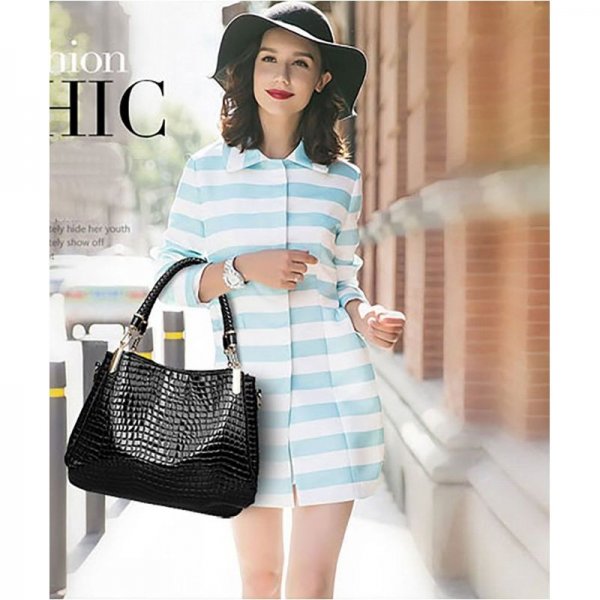 NEW CROCODILES PATTERN WOMEN HANDBAGS FASHION SHOULDER MESSENGER BAG TWO PIECES SETHANDBAG + WALLET - BLACK