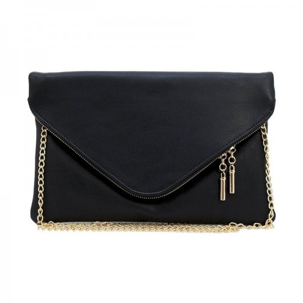 FAUX LEATHER SOFT ENVELOPE SHAPE CLUTCH CROSSBODY BAG POUCH - BLACK