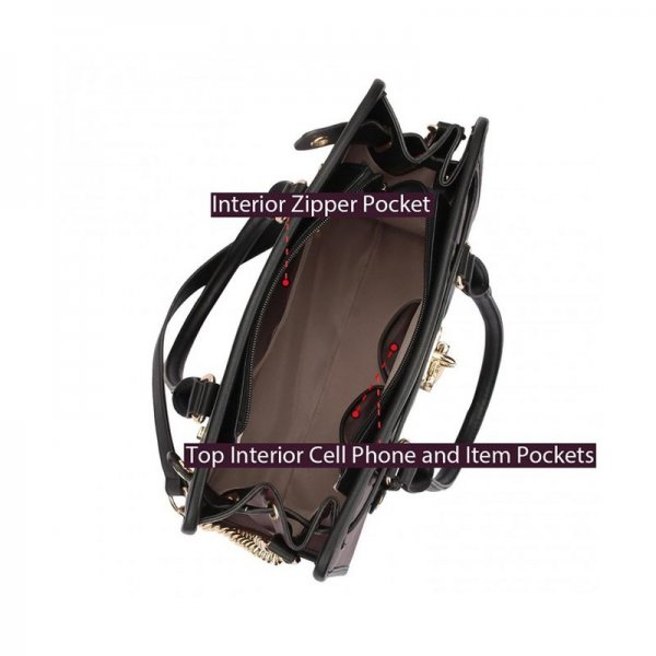 MEDIUM SATCHEL HANDBAG DESIGNER LARGE PURSE TWO TONE PADLOCK W/ SHOULDER STRAP - 7103-BLACK/TAN