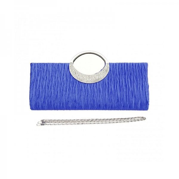 WOMENS LUXURY EVENING WEDDING PARTY PURSE CLUTCH RHINESTONE SATIN PLEATED HANDBAG - BLUE